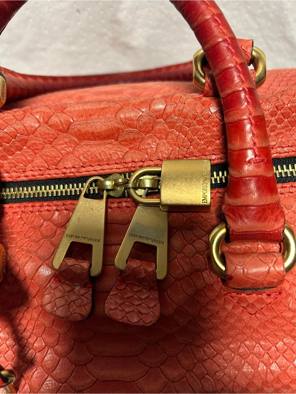 Emporio Armani Red salmon Faux Python  leather with Gold Hardware bag